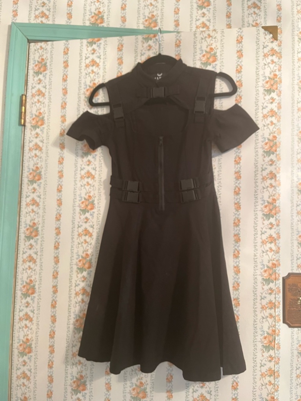 Killstar Black Cold-Shoulder A-Line Dress with Buckle Details